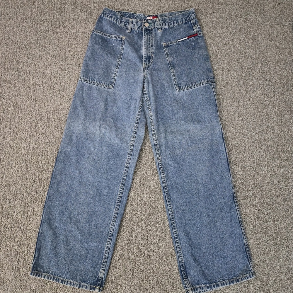 Vintage Tommy Hilfiger Skater Jeans Big Flag Size 9 Blue Denim Wide Leg Y2K - Picture 4 of 10